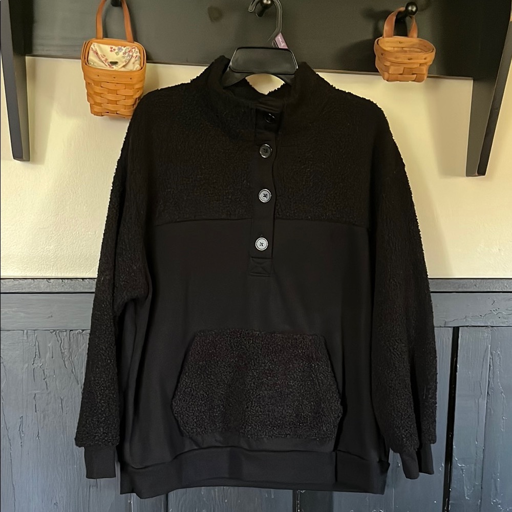 Black Button-Up Pullover Sweatshirt kangaroo pocket NWT time & true XXL 20